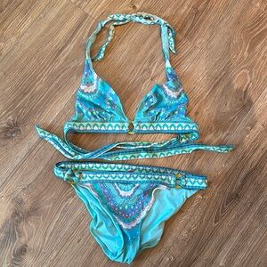Victoria’s Secret M turquoise bikini gold accents tie triangle top